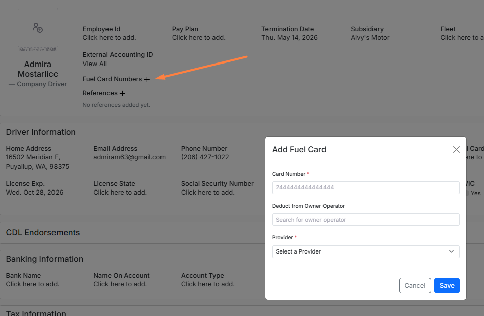 This image shows a driver profile open with the Fuel Card Numbers + button clicked