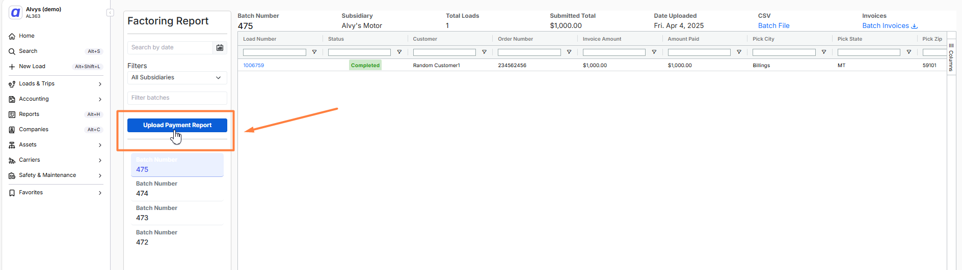 Load status progression showing Queued, Invoiced, Financed, and Completed statuses