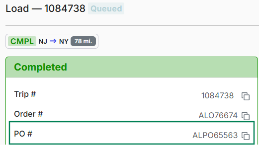 Shows a completed load details pane with a green box highlighting the mapped PO # ('ALPO65563')