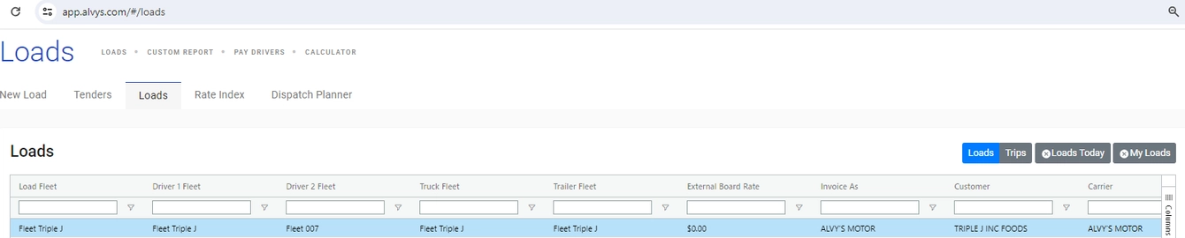 Image showing Fleet columns on Alvys load board.