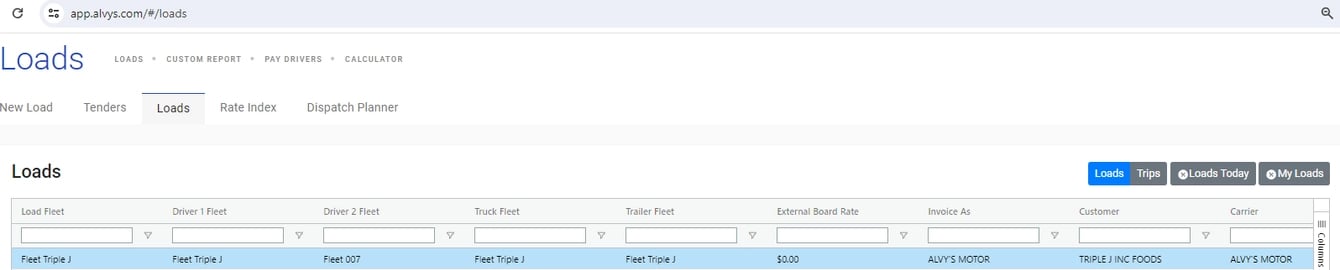 Image showing Fleet columns on Alvys load board.