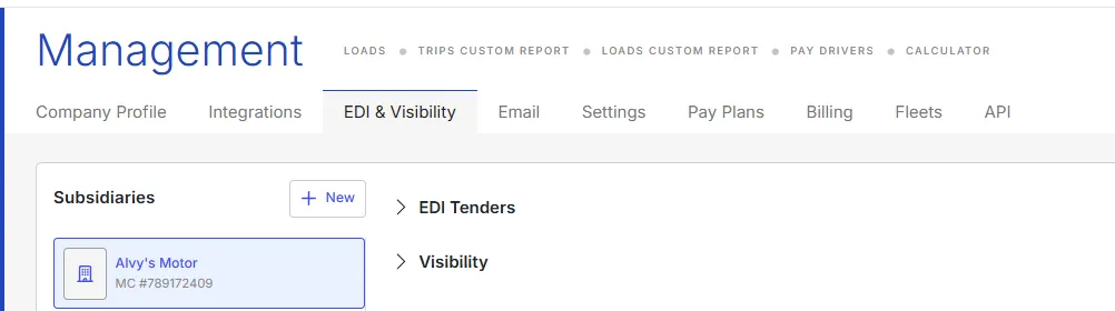 Image showing Management > EDI & Visibility tab