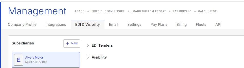Image showing Management > EDI & Visibility tab