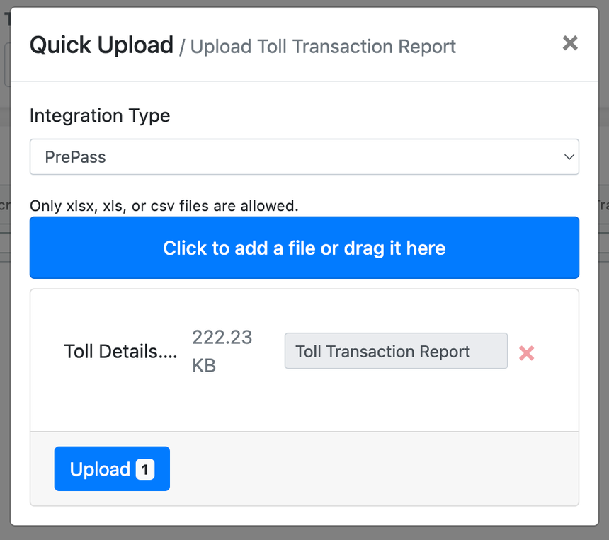 This image shows the upload popup with PrePass selected as the source and the file upload area visible.
