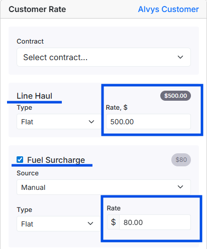 Money box in the load details page of a load showing customer Linehaul and fuel surcharge.