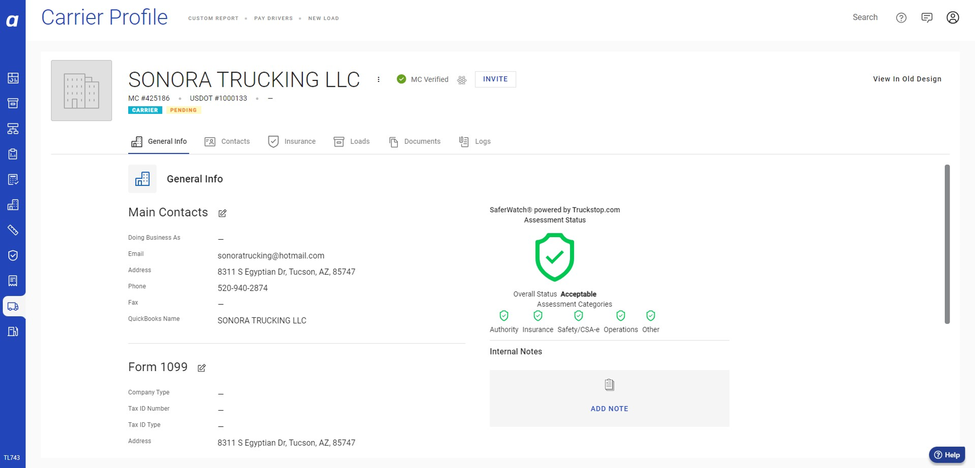 Carrier details in the Carrier profile showing the verified status.