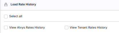 Permissions panel with the Load Rate History category expanded, displaying View Alvys Rates History and View Tenant Rates History checkboxes.