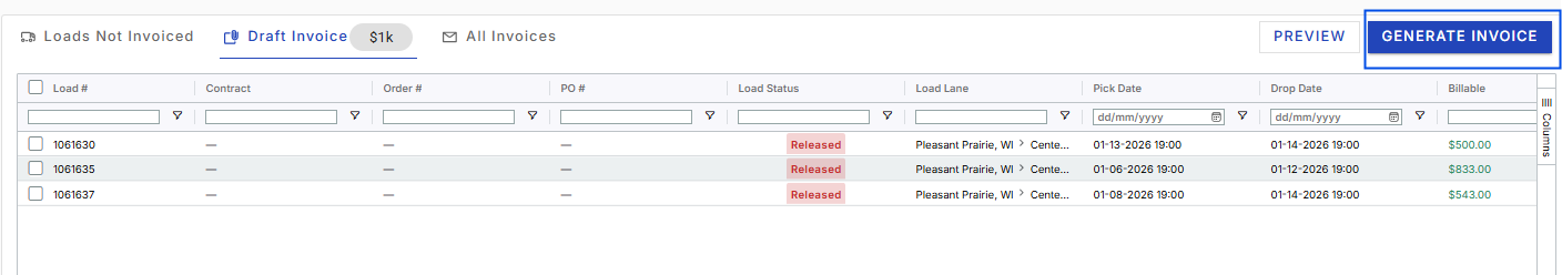 Shows the 'Draft Invoice' staging tab with a blue outline focusing on the Generate Invoice action button.