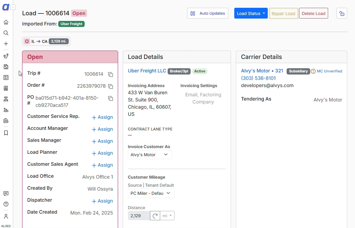 A user clicking the Notes button in the management ribbon on the Load Details page, the notes panel opening, typing a note, and clicking Add Note to save it