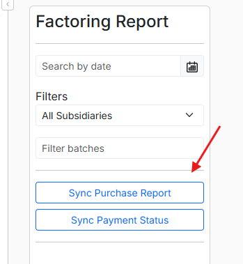 Screenshot showing the Factoring Report page in Alvys with the sync button