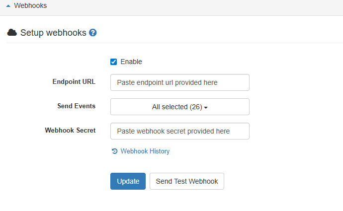 Image showing Fleetrock settings user interface for Webhook Setup.