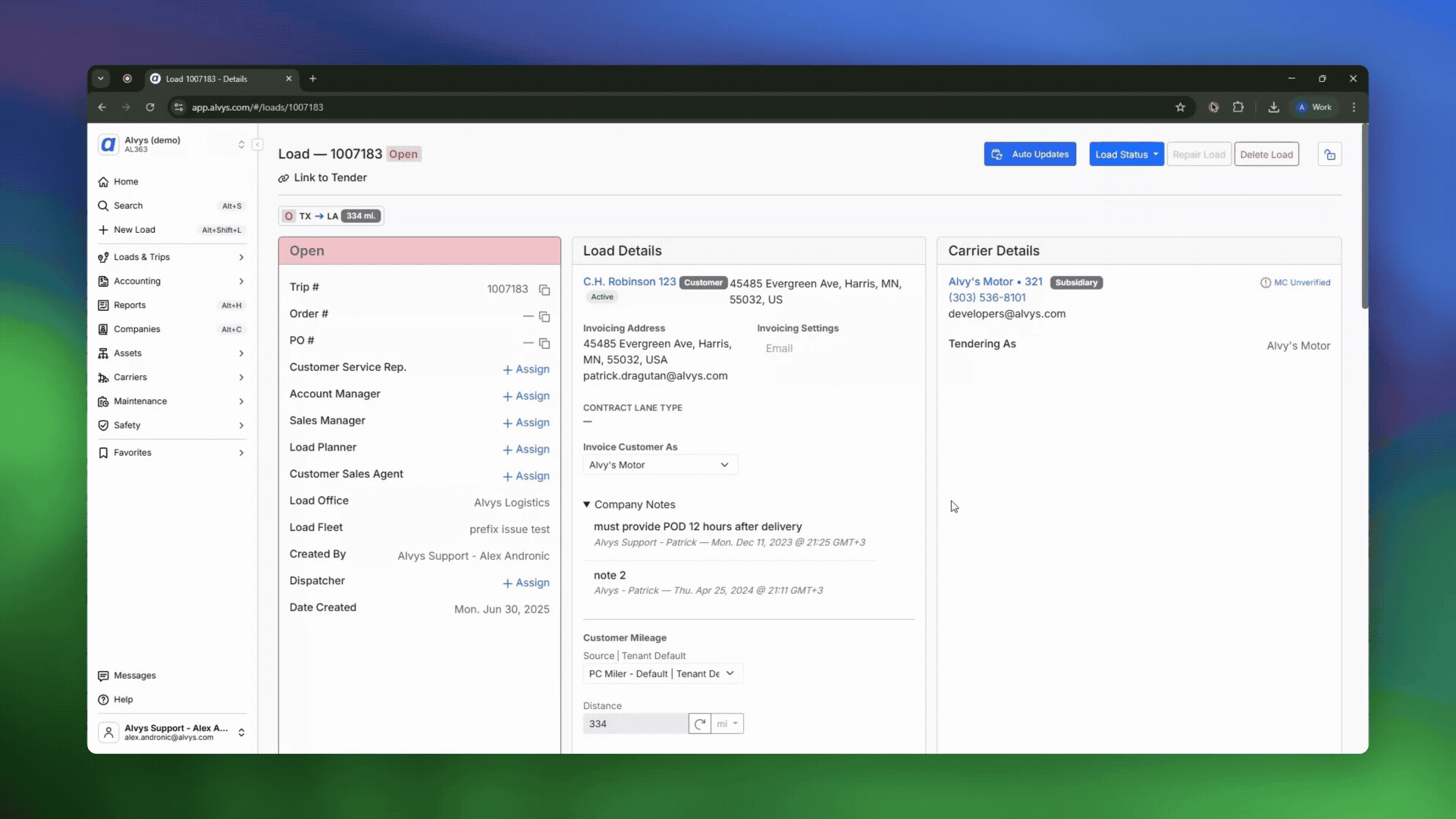 GIF showing how to clone a load: opening a load, clicking the Manage dropdown, selecting Clone, and confirming to create a new Open load.