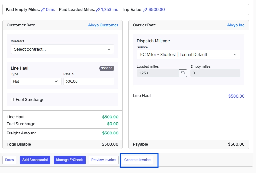 Generate Invoice button on Load Details.
