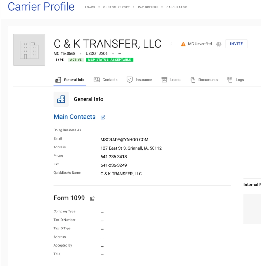 Alvys carrier profile showing the MCP status field with compliance data.