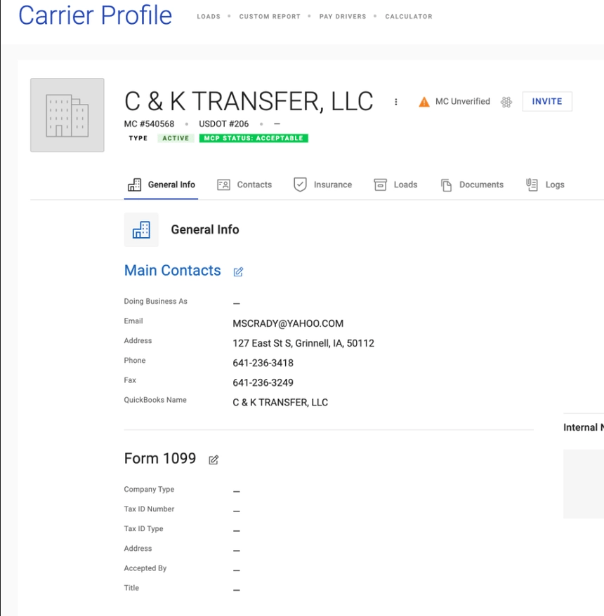 Alvys carrier profile showing the MCP status field with compliance data.
