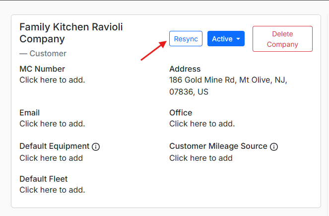 Screenshot showing the Resync button on a customer profile in Alvys