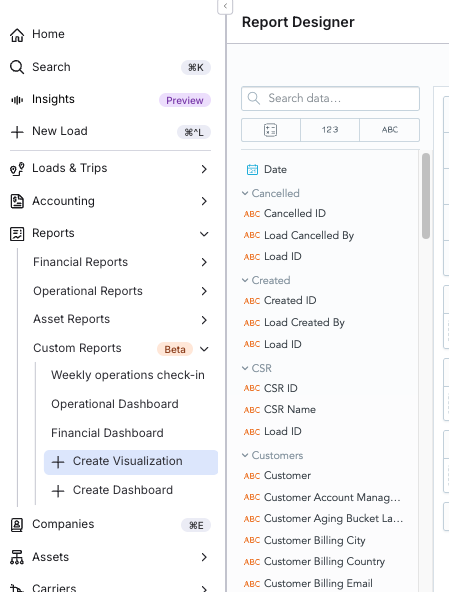 Report Designer with the Analytics Catalog in the left panel. Upload the image here