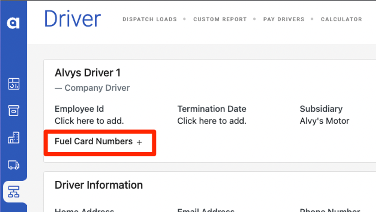 This image shows the Fuel Card Numbers section of a driver profile with the plus sign highlighted