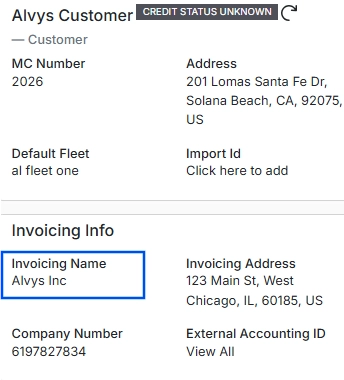 Invoicing Name field on sample customer profile.
