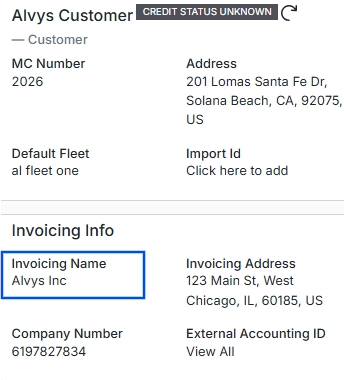 Invoicing Name field on sample customer profile.