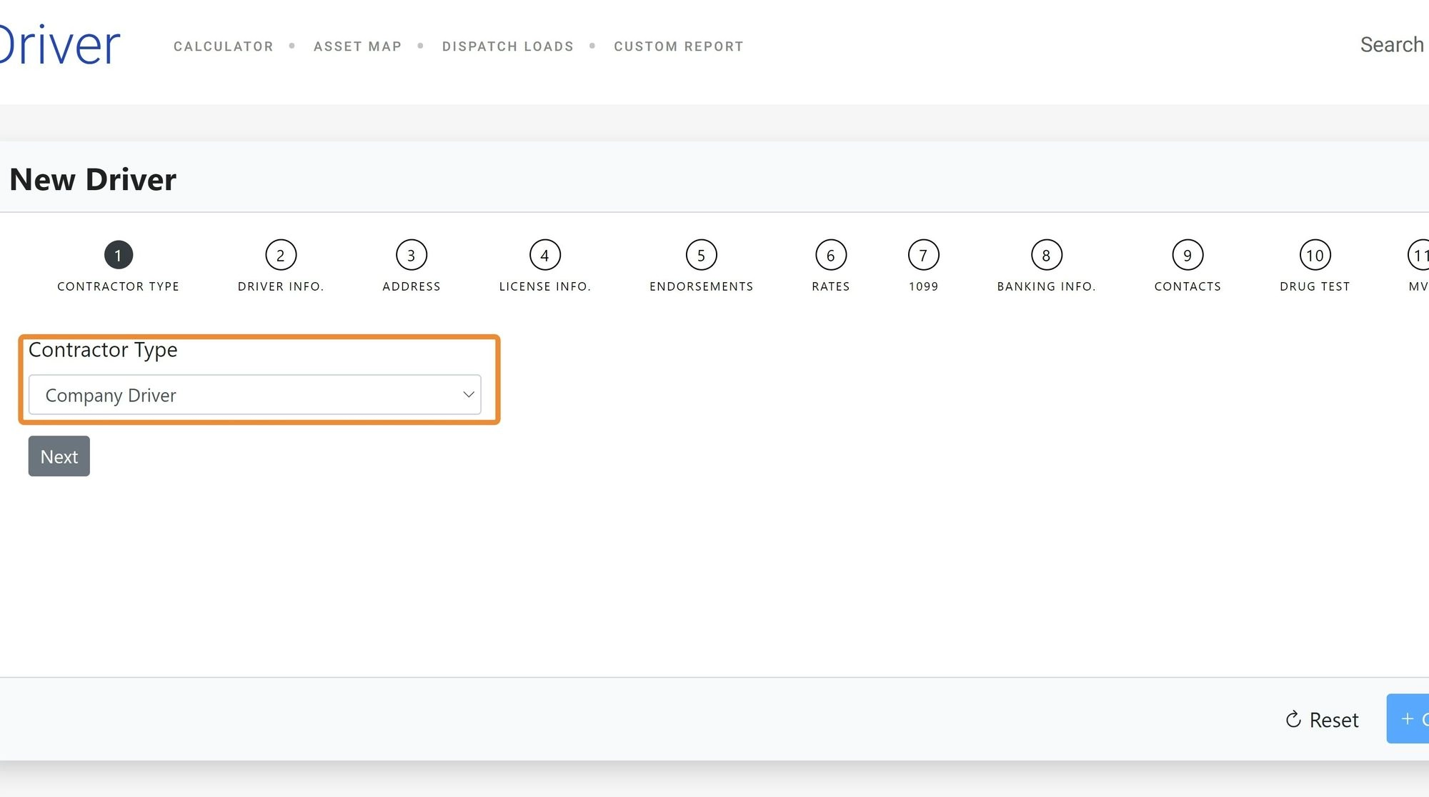 Driver creation form showing the required fields for name, employment type, and contact details.