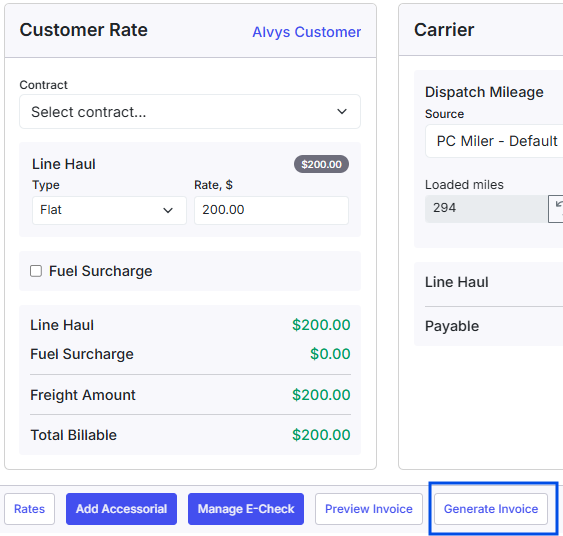 Load details page on a load showing where to generate an invoice.
