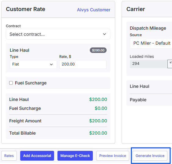 Load details page on a load showing where to generate an invoice.