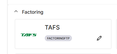 Screenshot showing the TAFS integration listed under Factoring in Alvys Integrations, with the pencil icon highlighted