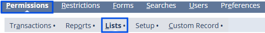 Lists permissions tab on the role