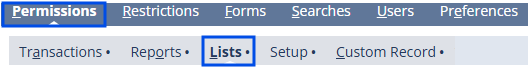 Lists permissions tab on the role