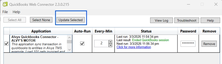 QuickBooks Web Connector with auto-run interval field and Update Selected button.