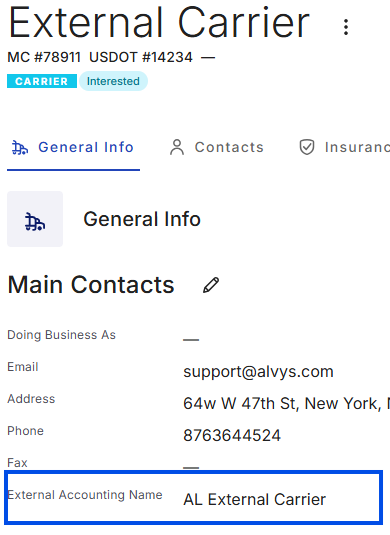 Image showing the External Accounting Name field on the Carrier profile.