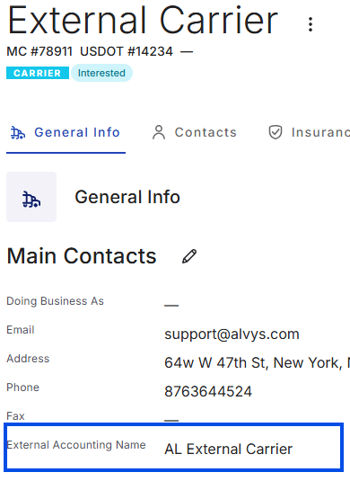 Image showing the External Accounting Name field on the Carrier profile.
