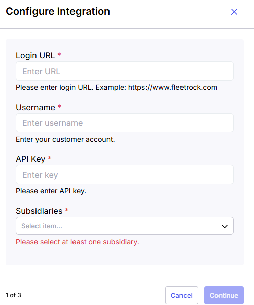 Image showing the Alvys “Configure Integration” form for the Fleetrock integration with the “API key' and the “Subsidiaries” input fields