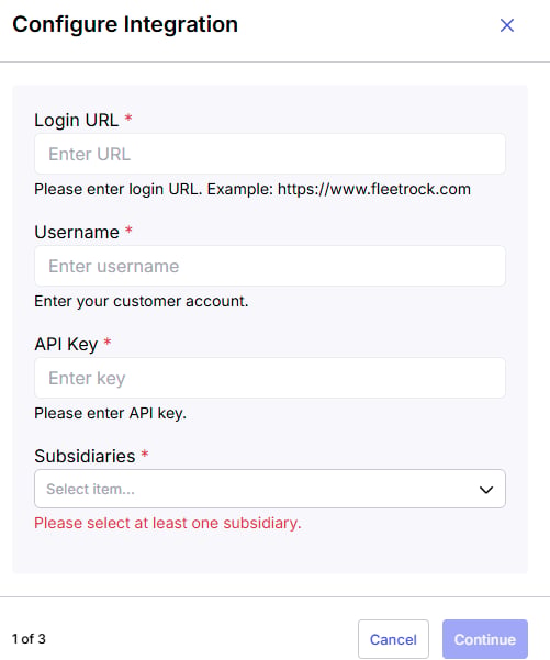 Image showing the Alvys “Configure Integration” form for the Fleetrock integration with the “API key' and the “Subsidiaries” input fields