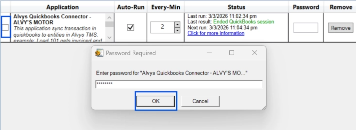 QuickBooks Web Connector password entry prompt.