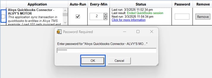 QuickBooks Web Connector password entry prompt.