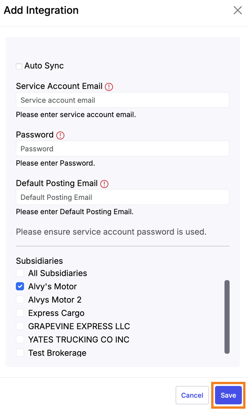 DAT Add Integration credentials form.