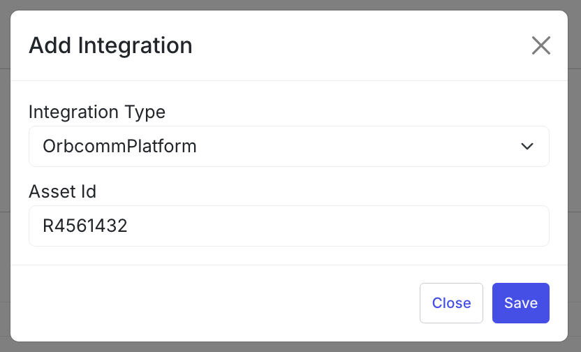 Trailer detail showing the ELD Integrations section with OrbcommPlatform selected in the dropdown and the Integration ID field.