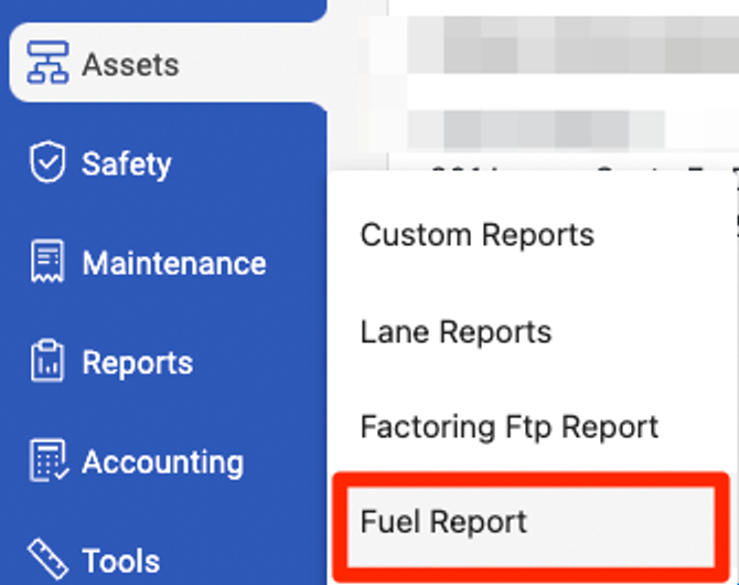 Alvys toolbar: Reports > Fuel Report