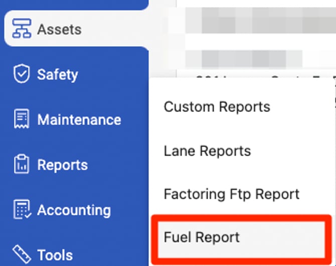 Alvys toolbar: Reports > Fuel Report
