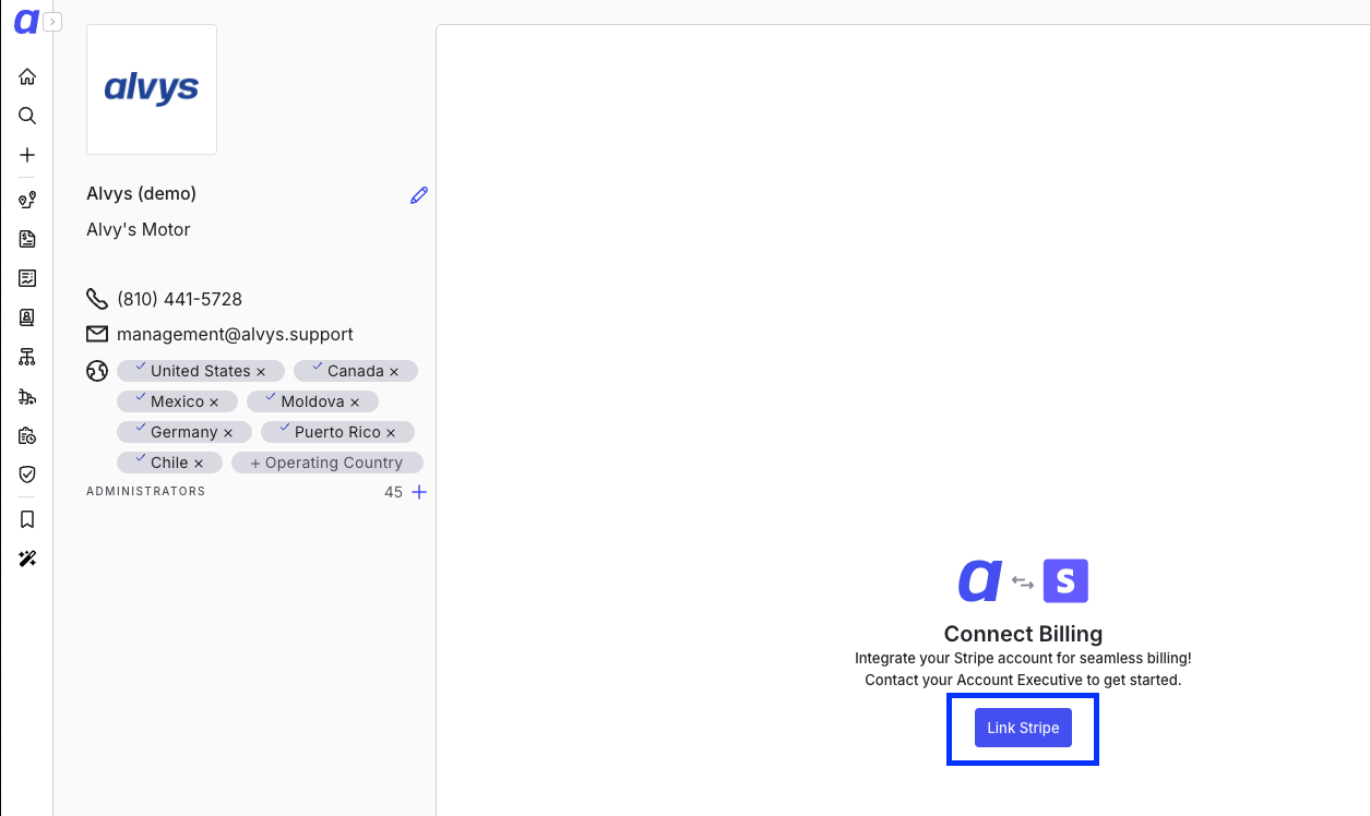 Screenshot of the Billing page showing the Link Stripe button and the modal dialog for searching and selecting a customer's Stripe account.