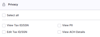 Permissions section showing all 4 Privacy permission checkboxes.