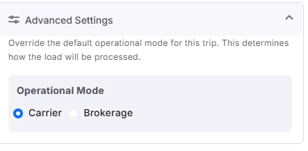 Displays the operational advanced settings module with the mode toggle set specifically to Carrier.