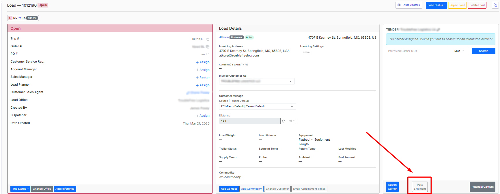 Post Shipment button on a load detail page.