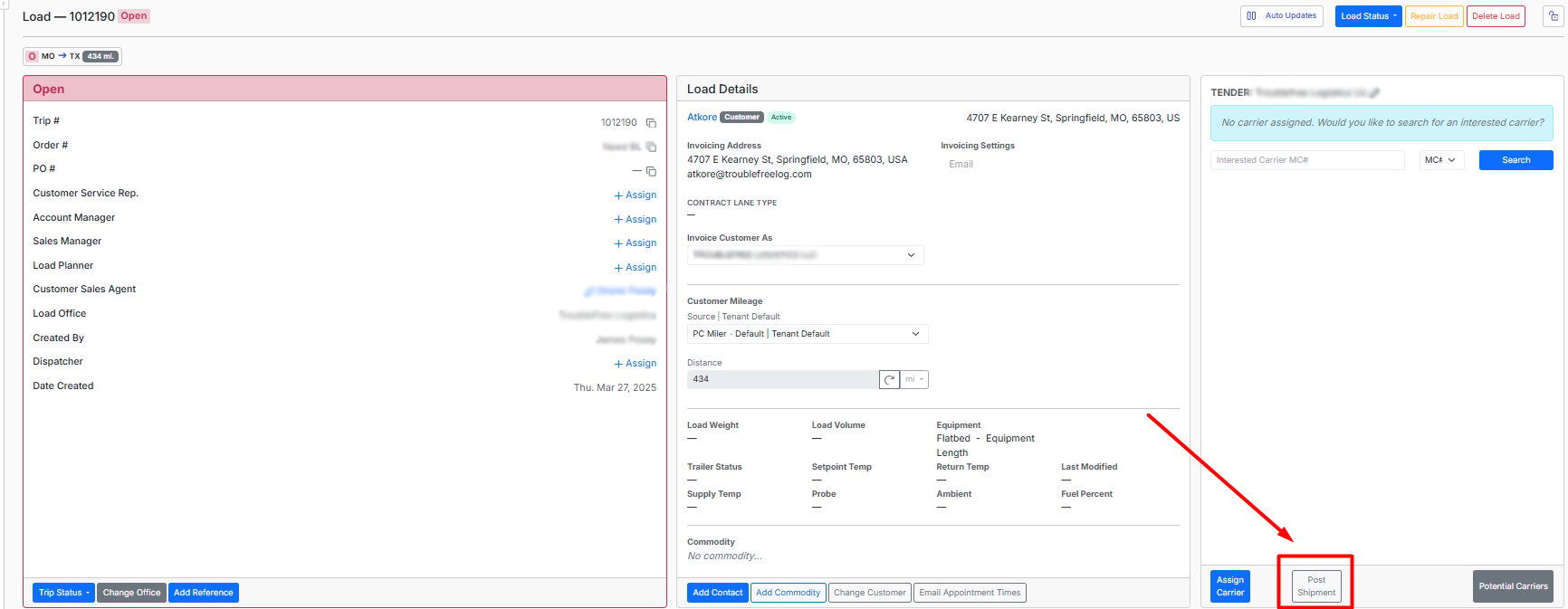 Post Shipment button on a load detail page.