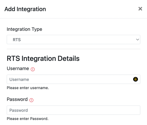 RTS Integration Details page showing subsidiary selector and FTP Factoring section