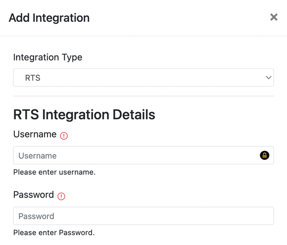 RTS Integration Details page showing subsidiary selector and FTP Factoring section