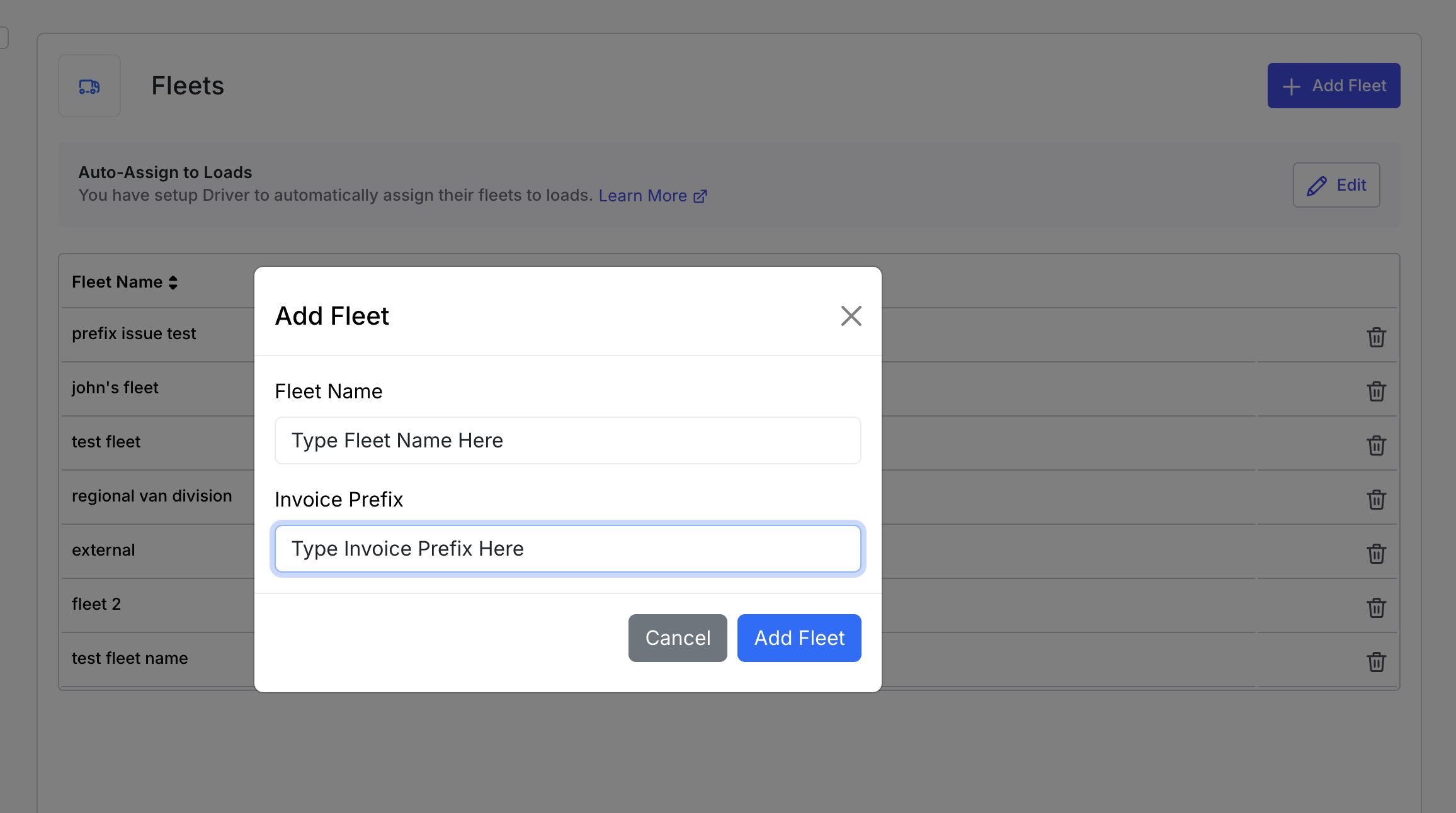 Image displaying “Add Fleet” form with fleet input details and add fleet buttons