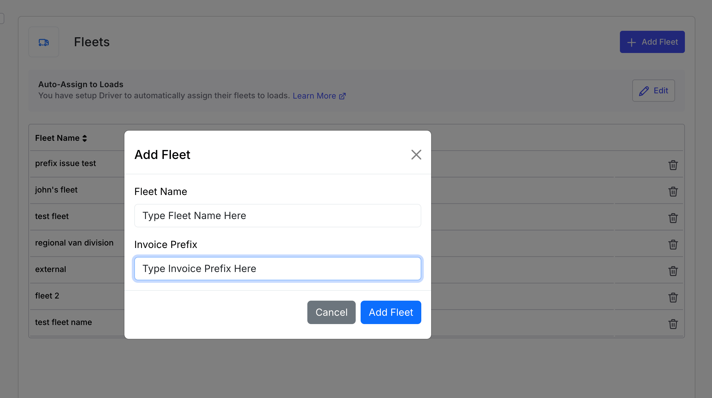 Image displaying “Add Fleet” form with fleet input details and add fleet buttons